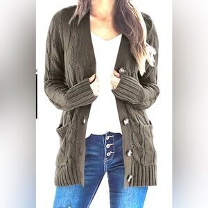 Cozy Cable Knit Cardigan - Olive Green with Button closure and Pockets